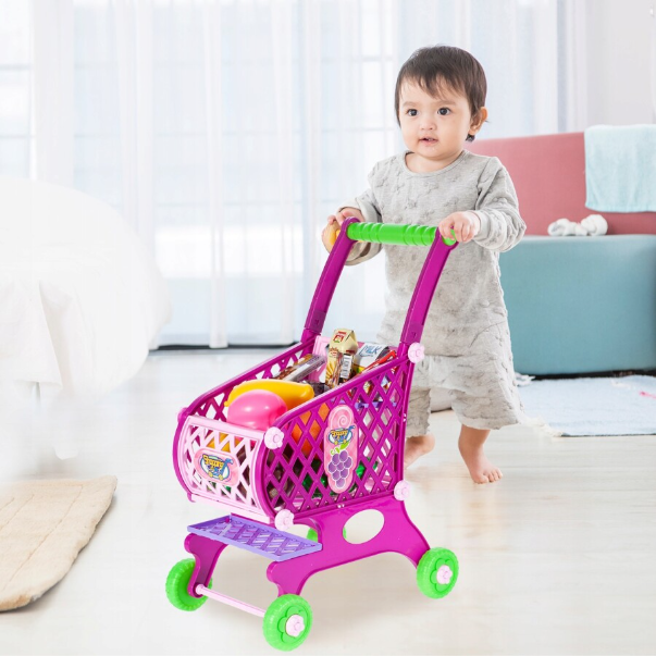 Cărucior de Cumpărături pentru Copii cu Accesorii, Roz, 18 Piese, 40x24.5x52cm - MAXY