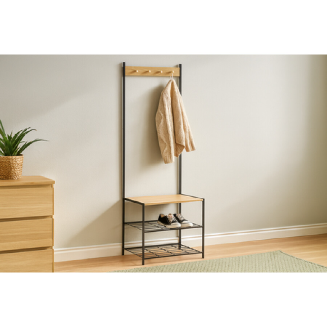 Cuier cu 3 Rafturi pentru Pantofi, Suport pentru Haine și Accesorii, 60x40x175cm - MAXY