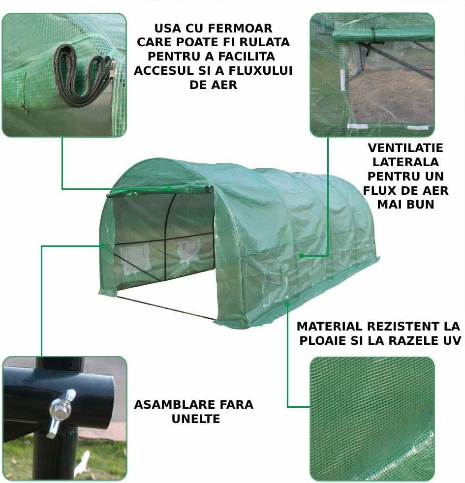 Sera gradina 8x3x2m tip tunel pentru legume, verde