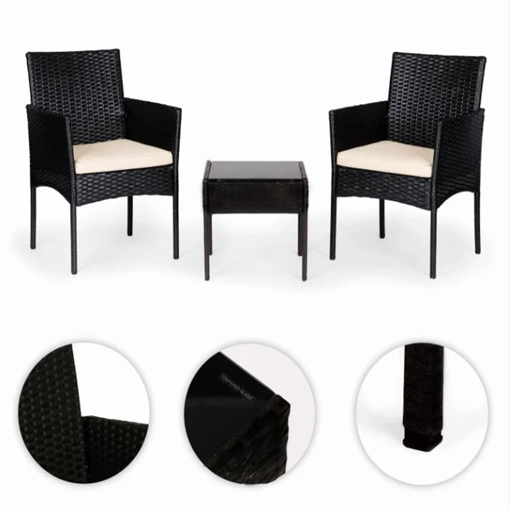 Set Mobilier de Grădină cu Masă și 2 Fotolii din Technoratan, Perne Crem, Negru