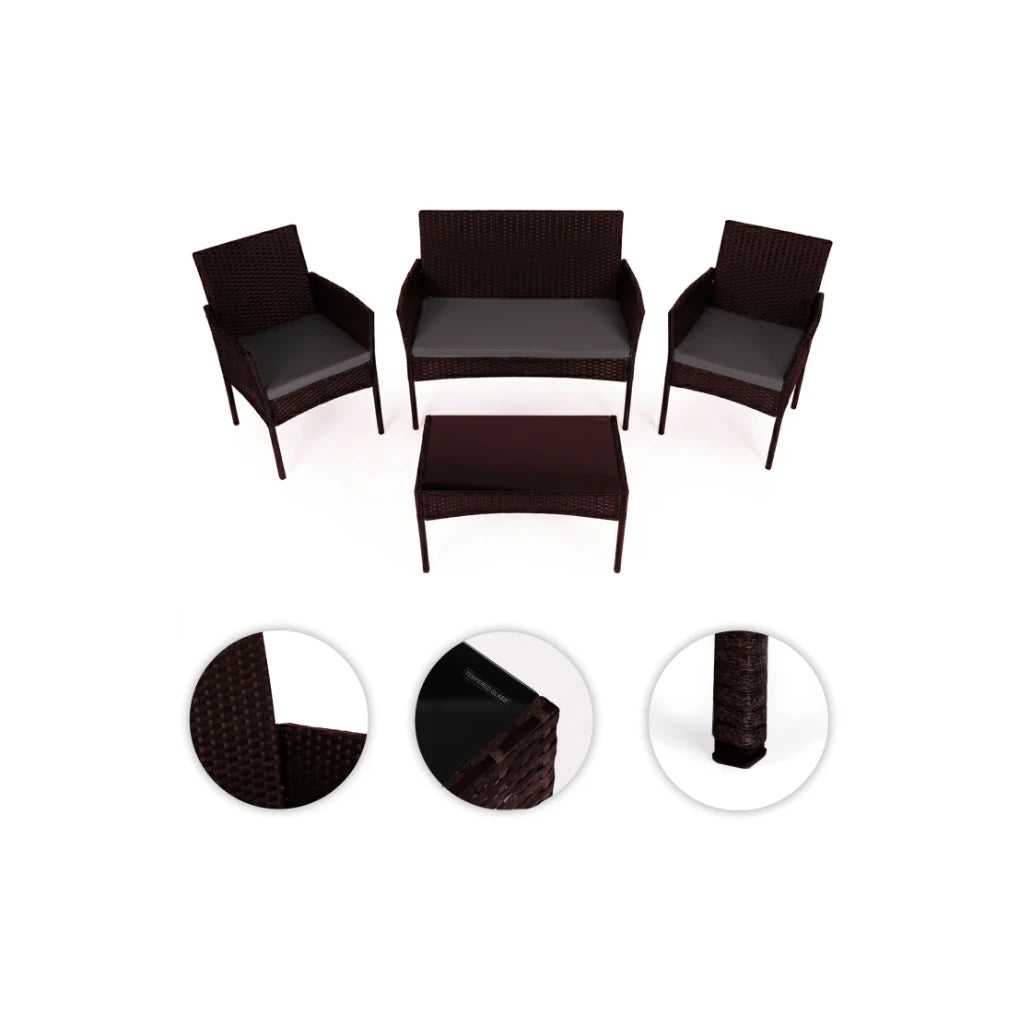 Set Mobilier Gradina Premium, Canapea, 2 Fotolii, Masa, Maro, Perne Gri