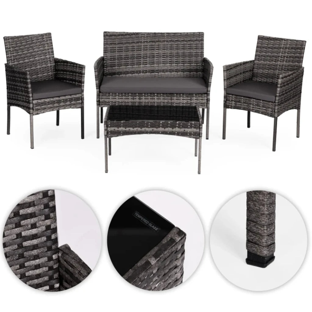 Set Mobilier de Grădină cu Masă, Canapea și 2 Fotolii, Maro Bej, Perne Gri