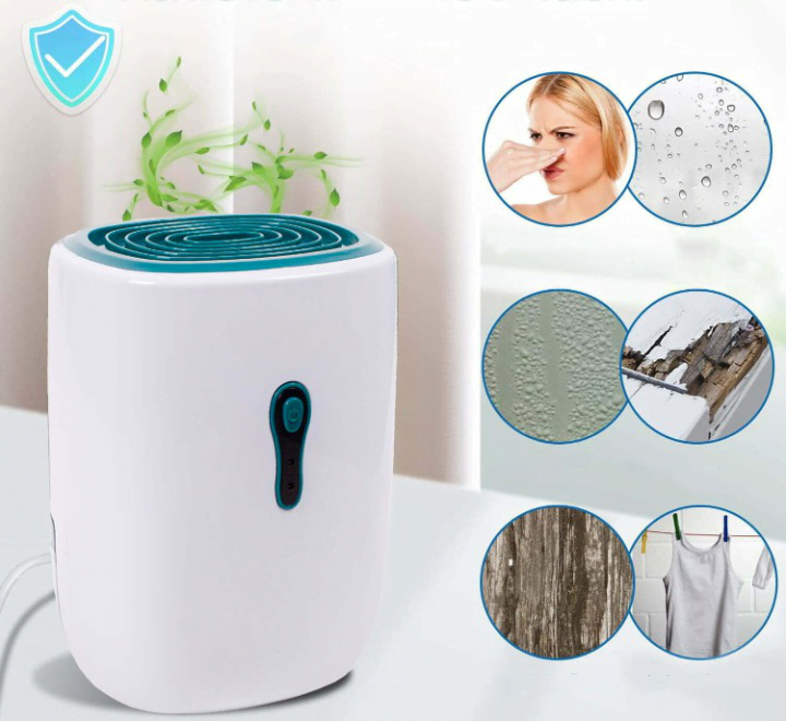 Dezumidificator electric, anti-mucegai, funcție uscare haine, absorbant umiditate, silentios, rezervor 0,8L, capacitate 300ml/24H, 22W, alb-albastru - MAXY