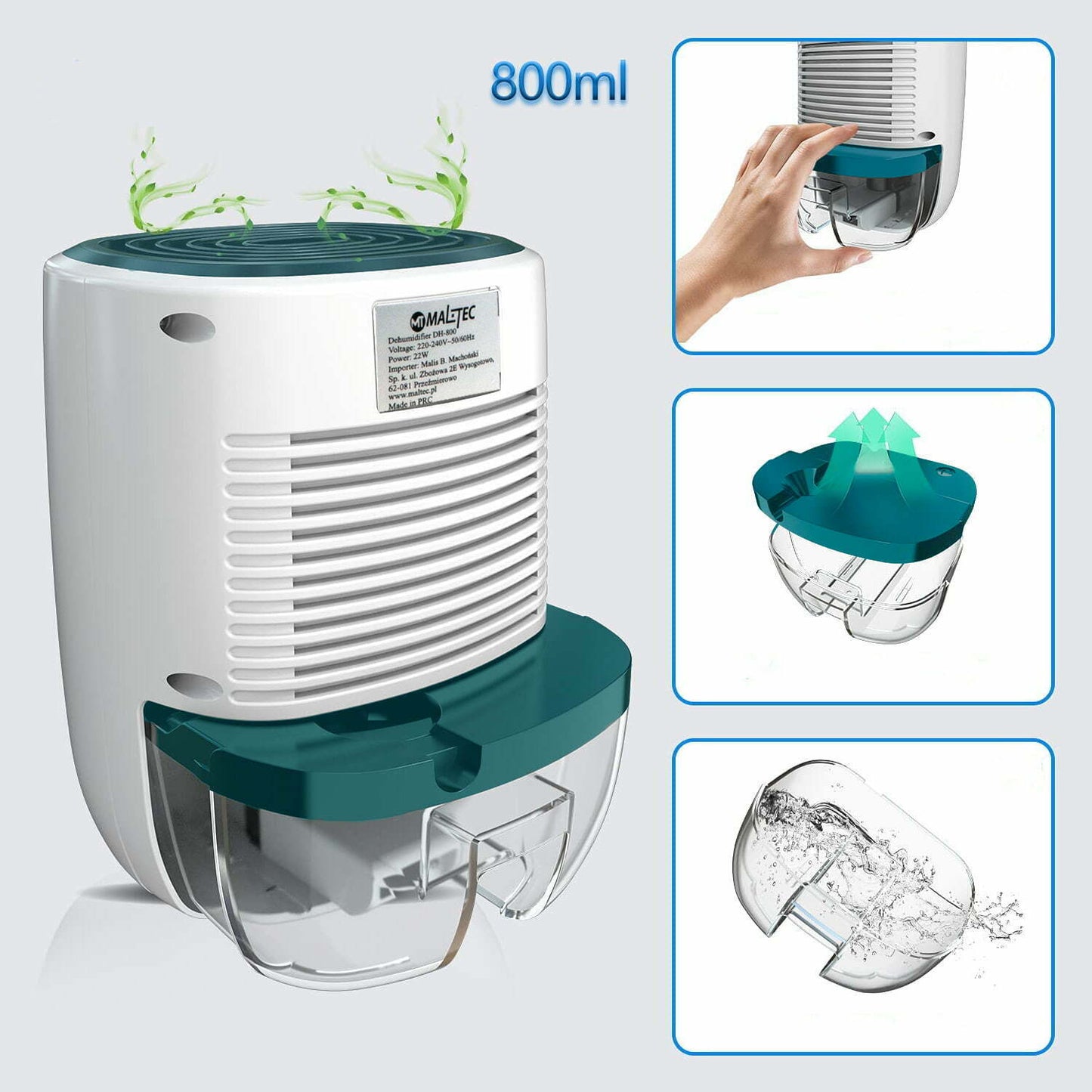Dezumidificator electric, anti-mucegai, funcție uscare haine, absorbant umiditate, silentios, rezervor 0,8L, capacitate 300ml/24H, 22W, alb-albastru - MAXY