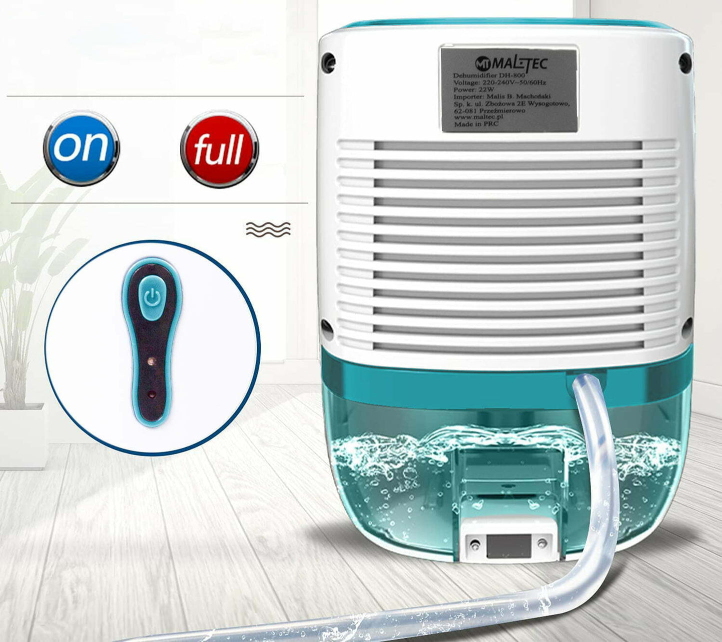 Dezumidificator electric, anti-mucegai, funcție uscare haine, absorbant umiditate, silentios, rezervor 0,8L, capacitate 300ml/24H, 22W, alb-albastru - MAXY