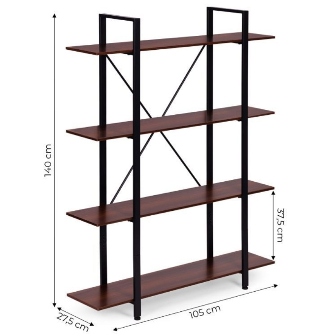 Raft Bibliotecă cu 4 Polițe în Stil Industrial 105x27,5x140cm, MDF și Metal