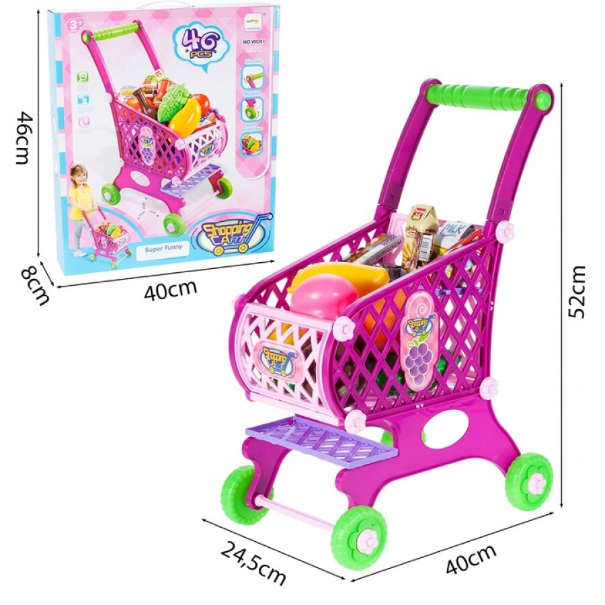Cărucior de Cumpărături pentru Copii cu Accesorii, Roz, 18 Piese, 40x24.5x52cm - MAXY