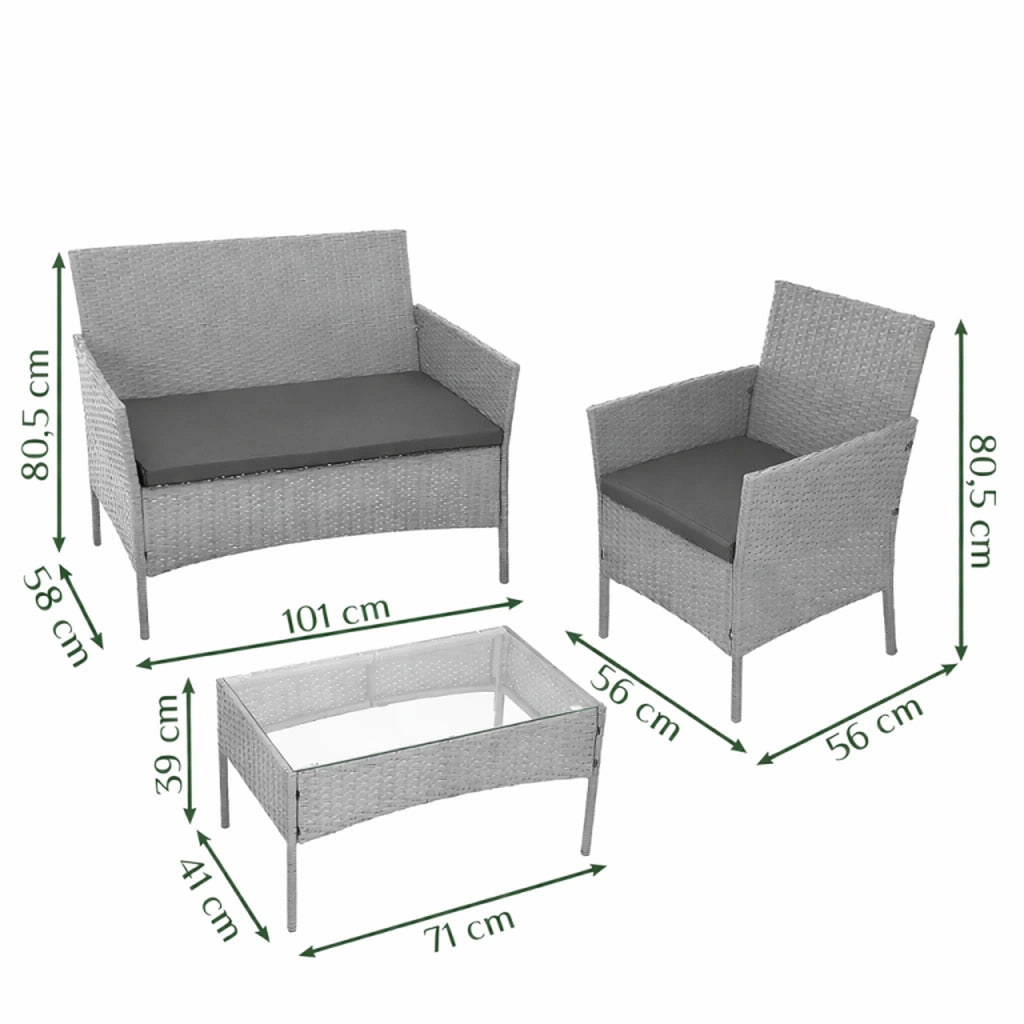 Set Masa De Gradina Cu 1 Masa, 1 Canapea Si 2 Fotolii, Culoare Gri, Perne Gri