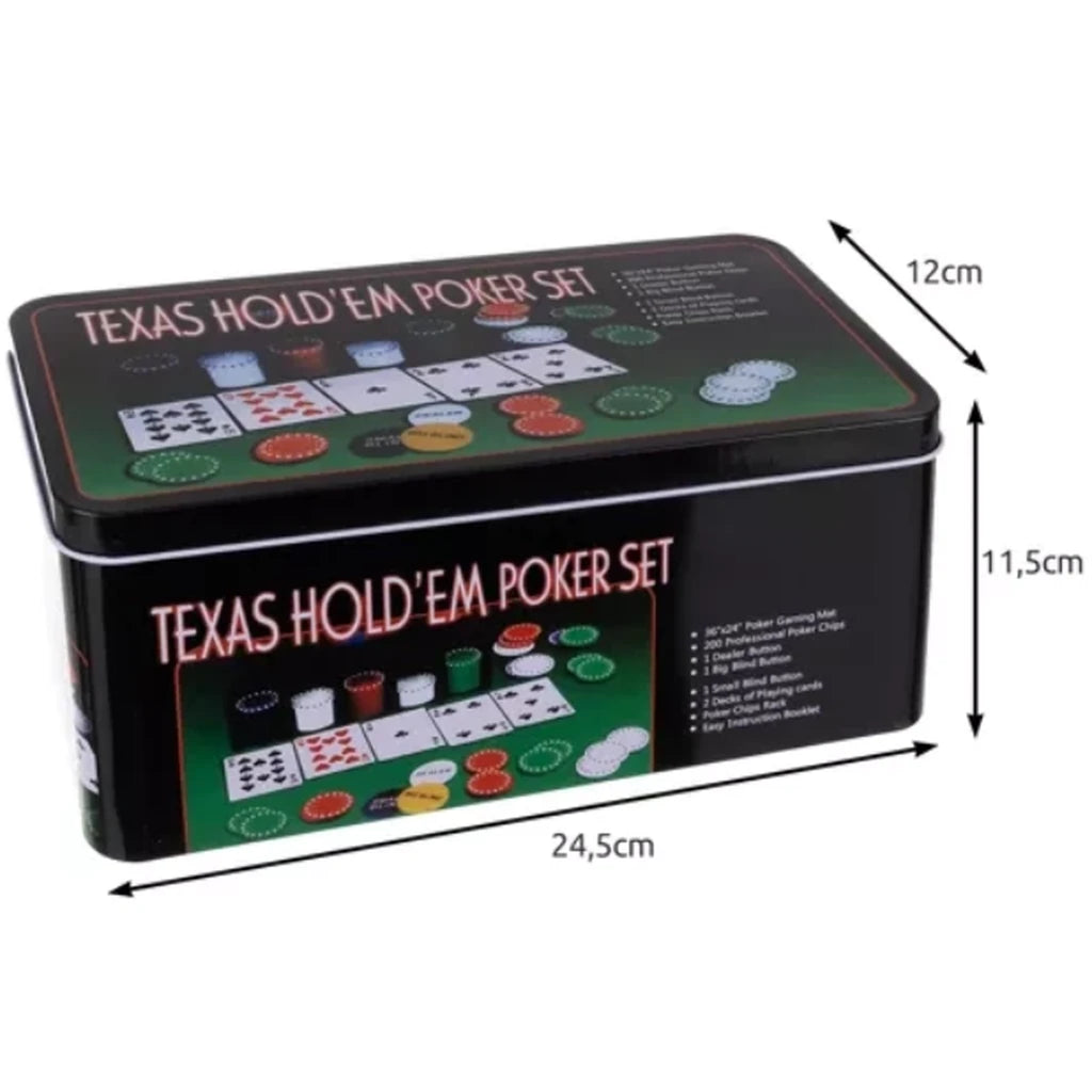 Set De Poker Texas, 200 De Jetoane, Covoraș 92x58 cm, 2 Pachete De Cărți, Cutie Metalică