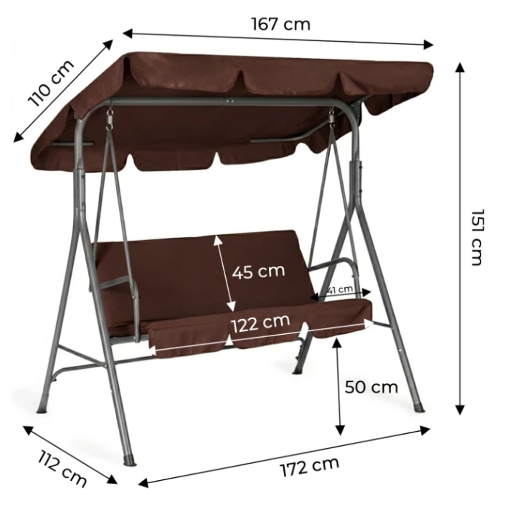 Balansoar de Grădină 3 Locuri cu Copertină Reglabilă, Maro, 172 x 112 x 151 cm - MAXY