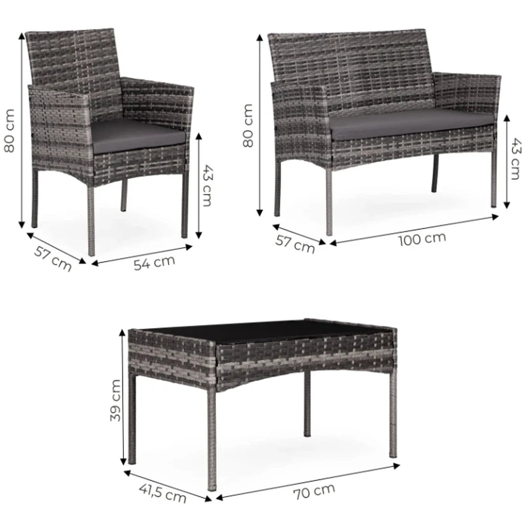 Set Mobilier de Grădină cu Masă, Canapea și 2 Fotolii, Maro Bej, Perne Gri