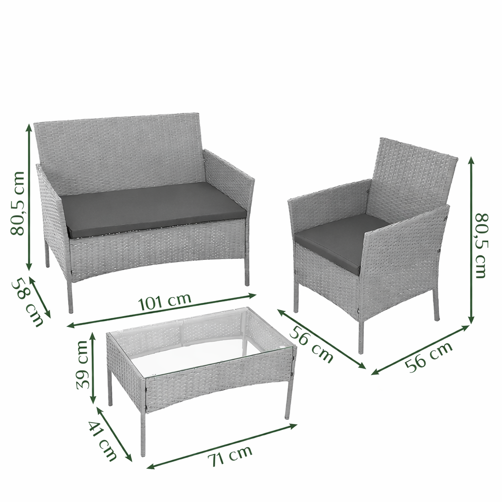 Set Mobilier Grădină Premium – Masă, Canapea și 2 Fotolii | Gri Deschis cu Perne Gri - MAXY