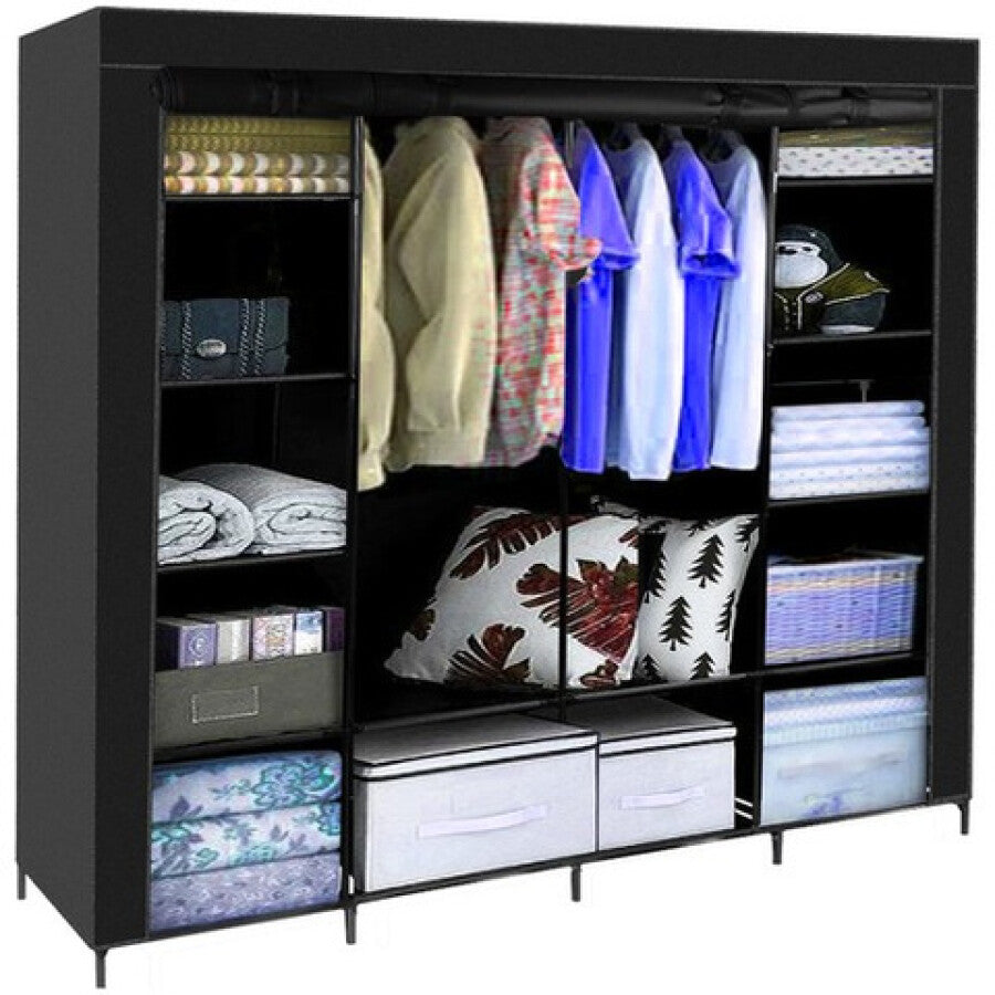 Dulap Textil XXL, 170 x 42 x 170 cm, 14 Rafturi, 2 Bare Pentru Umerașe, 3 Uși, Negru