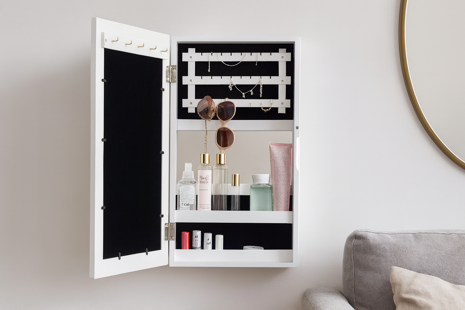 Dulap de Perete pentru Bijuterii cu Oglindă, Alb, 31 x 9,5 x 56 cm - MAXY