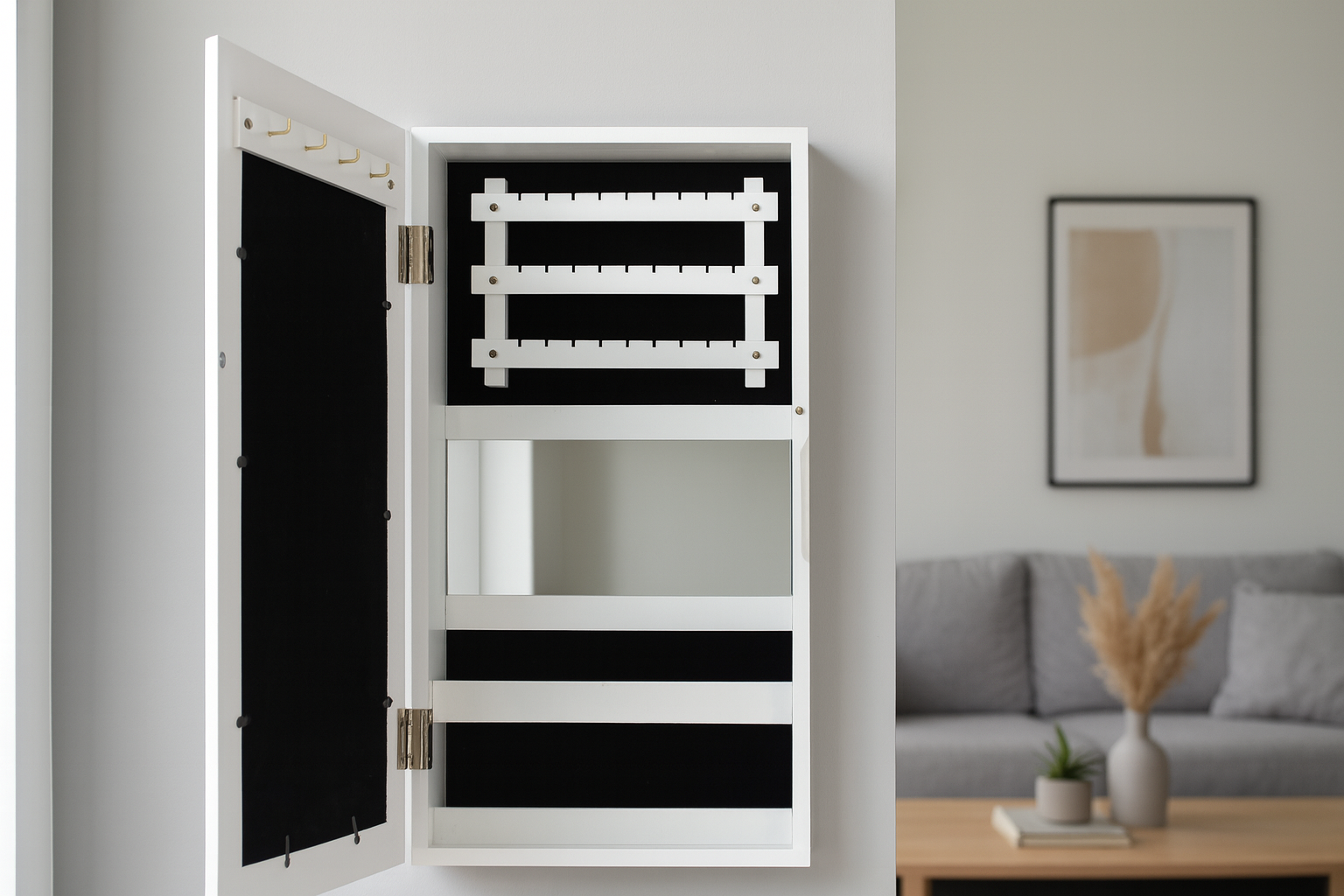 Dulap de Perete pentru Bijuterii cu Oglindă, Alb, 31 x 9,5 x 56 cm - MAXY