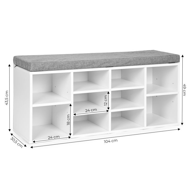 Dulap pentru Pantofi cu Banchetă și 10 Compartimente, Alb, 30,5 x 104 x 49 cm - MAXY