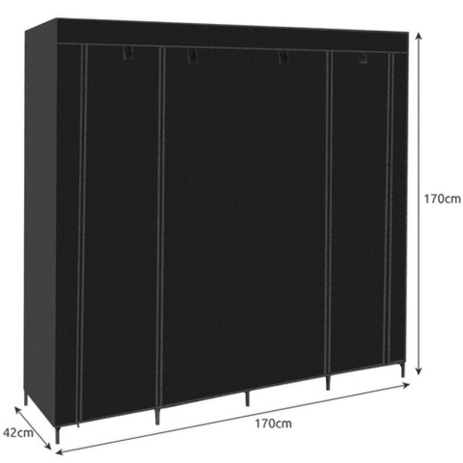 Dulap Textil XXL, 170 x 42 x 170 cm, 14 Rafturi, 2 Bare Pentru Umerașe, 3 Uși, Negru