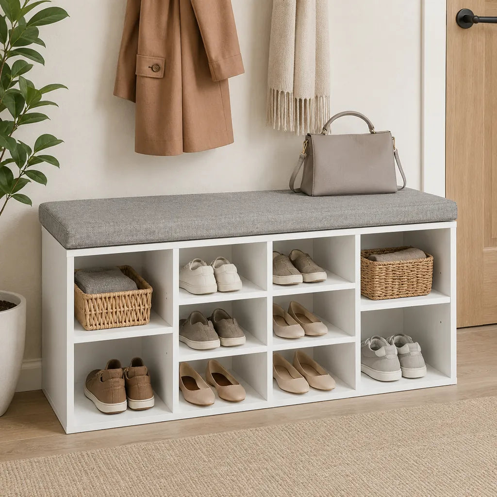 Dulap pentru Pantofi cu Banchetă și 10 Compartimente, Alb, 30,5 x 104 x 49 cm - MAXY