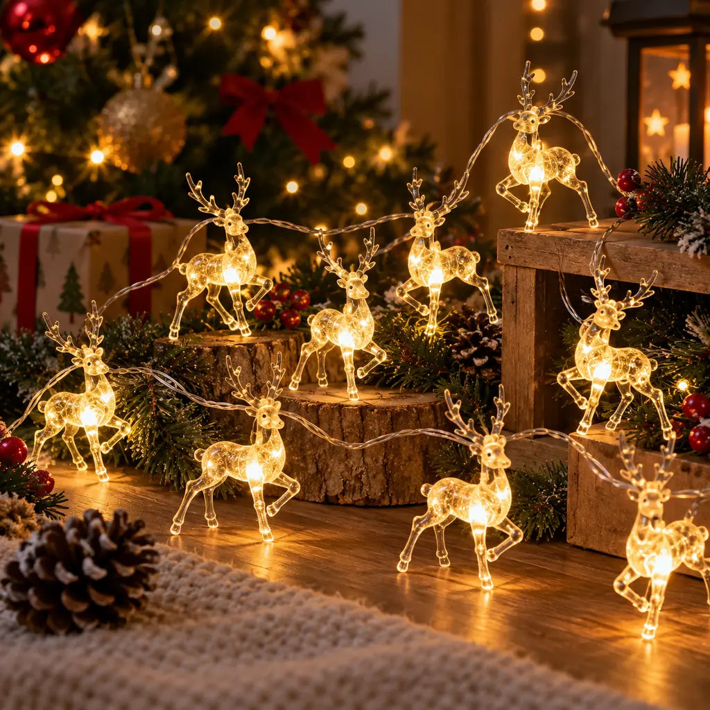 Ghirlandă Luminoasă cu 10 Reni LED, 133 cm, Lumină Alb Cald