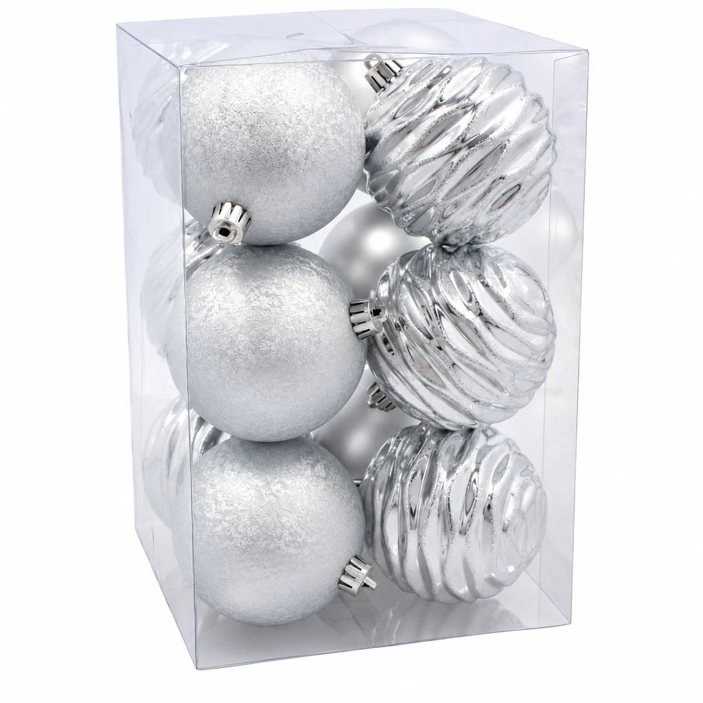 Globuri de Crăciun Argintii, Set 12 Bucăți, Diametru 8 cm - MAXY