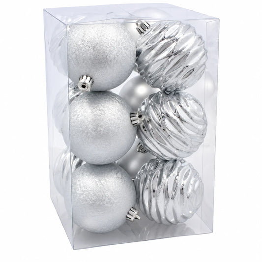 Globuri de Crăciun Argintii, Set 12 Bucăți, Diametru 8 cm - MAXY