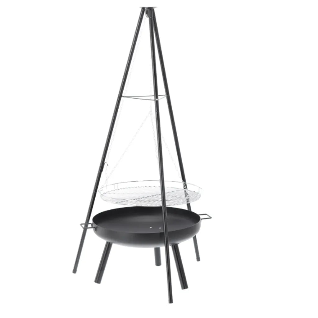 Grătar Suspendat pe Trepied cu Înălțime Reglabilă, Grătar Cromat Ø58 cm, 64,5 x 64,5 x 150 cm - MAXY