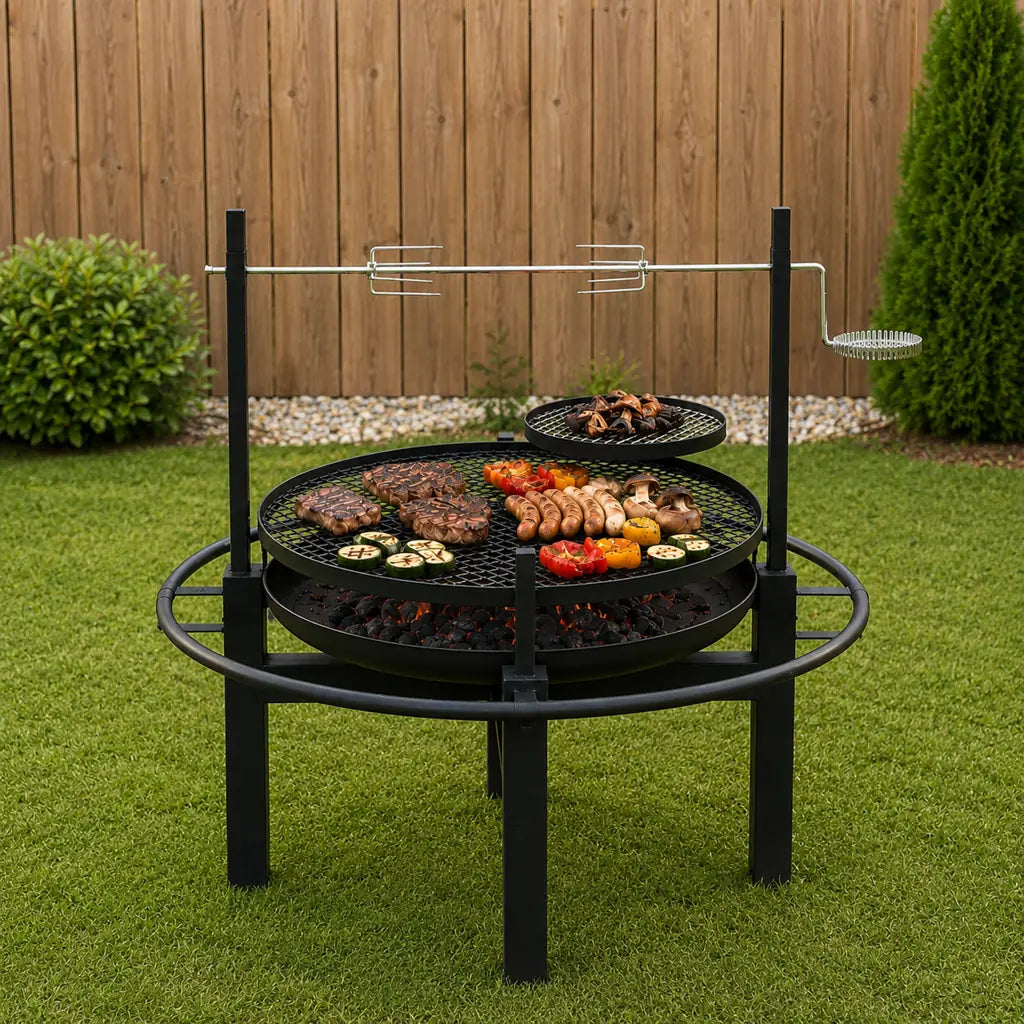 Grătar de Grădină Multifuncțional cu Rotisor Rotativ, 90x86x99 cm - MAXY