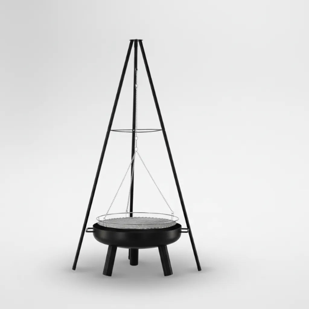 Grătar Suspendat pe Trepied cu Înălțime Reglabilă, Grătar Cromat Ø58 cm, 64,5 x 64,5 x 150 cm - MAXY
