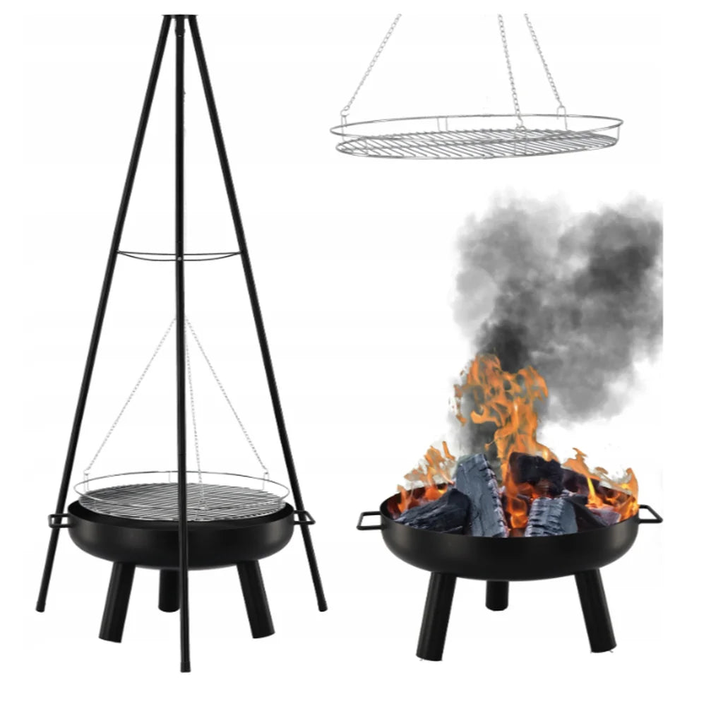 Grătar Suspendat pe Trepied cu Înălțime Reglabilă, Grătar Cromat Ø58 cm, 64,5 x 64,5 x 150 cm - MAXY