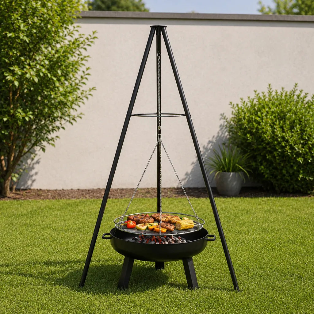 Grătar Suspendat pe Trepied cu Înălțime Reglabilă, Grătar Cromat Ø58 cm, 64,5 x 64,5 x 150 cm - MAXY