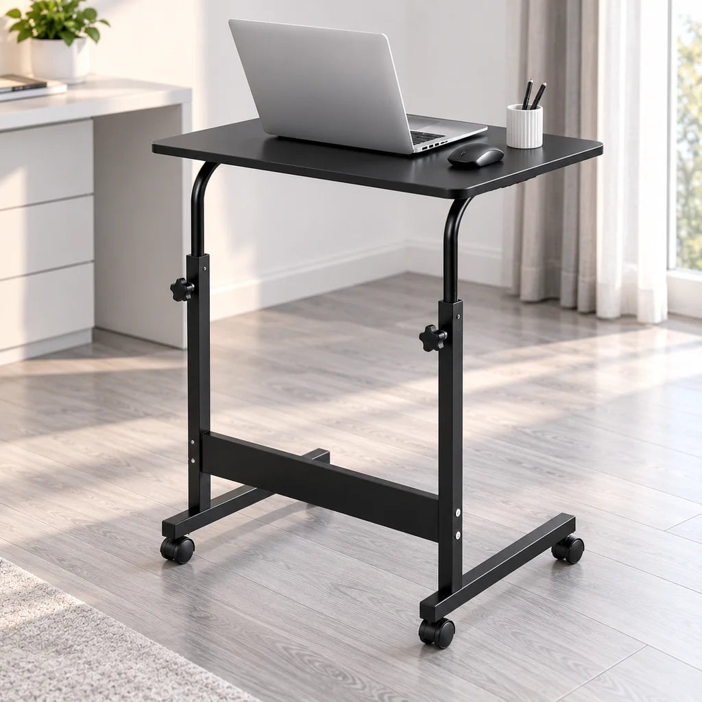Masă pentru Laptop cu Roți 60x40 cm, Înălțime Reglabilă 65,5–89 cm, Culoare Negru