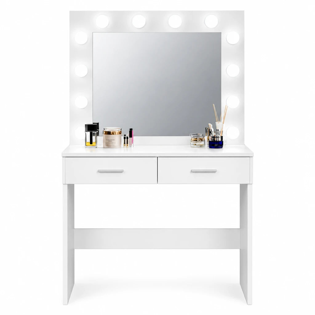 Masă de Machiaj cu Oglindă LED, 2 Sertare și Taburet Inclus, Alb, 80x40x140 cm