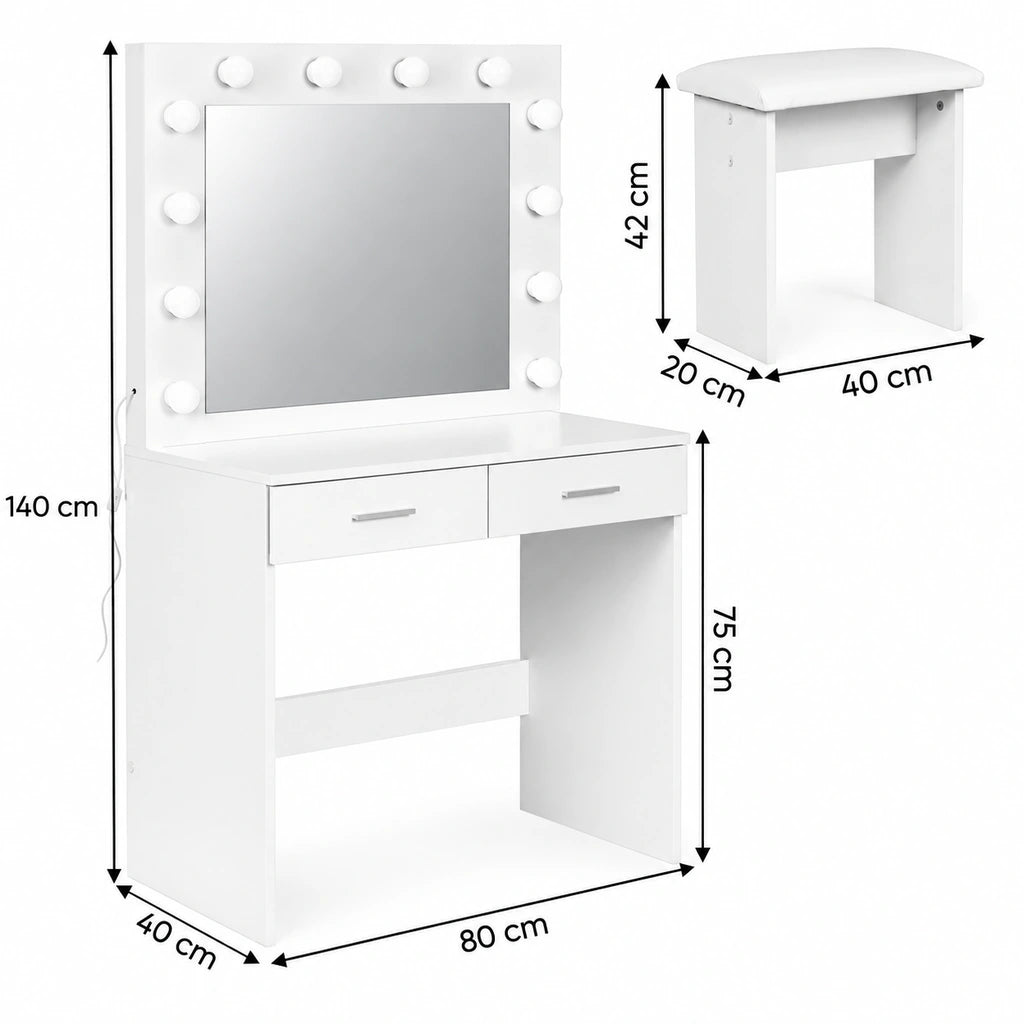 Masă de Machiaj cu Oglindă LED, 2 Sertare și Taburet Inclus, Alb, 80x40x140 cm