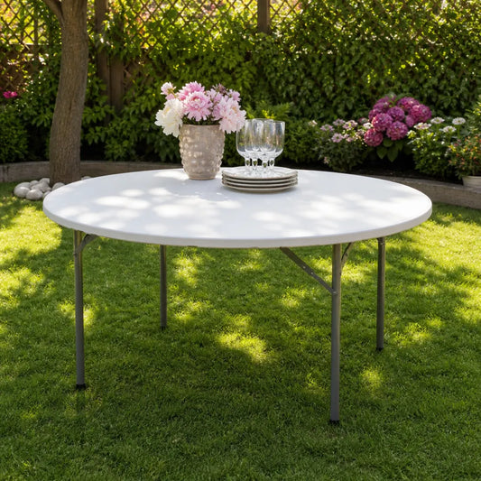 Masă de evenimente pliabilă albă tip valiză – diametru 160 cm - MAXY