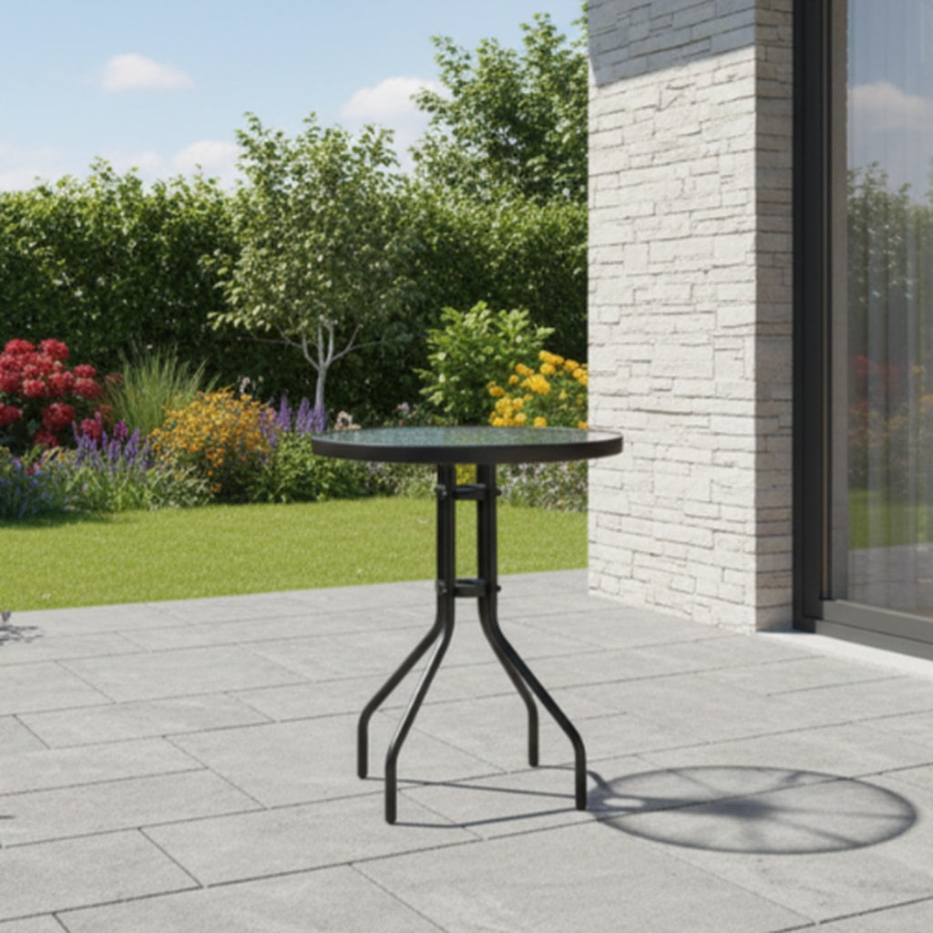 Masă Metalică de Grădină cu Blat din Sticlă 60x60x70 cm Neagră - MAXY