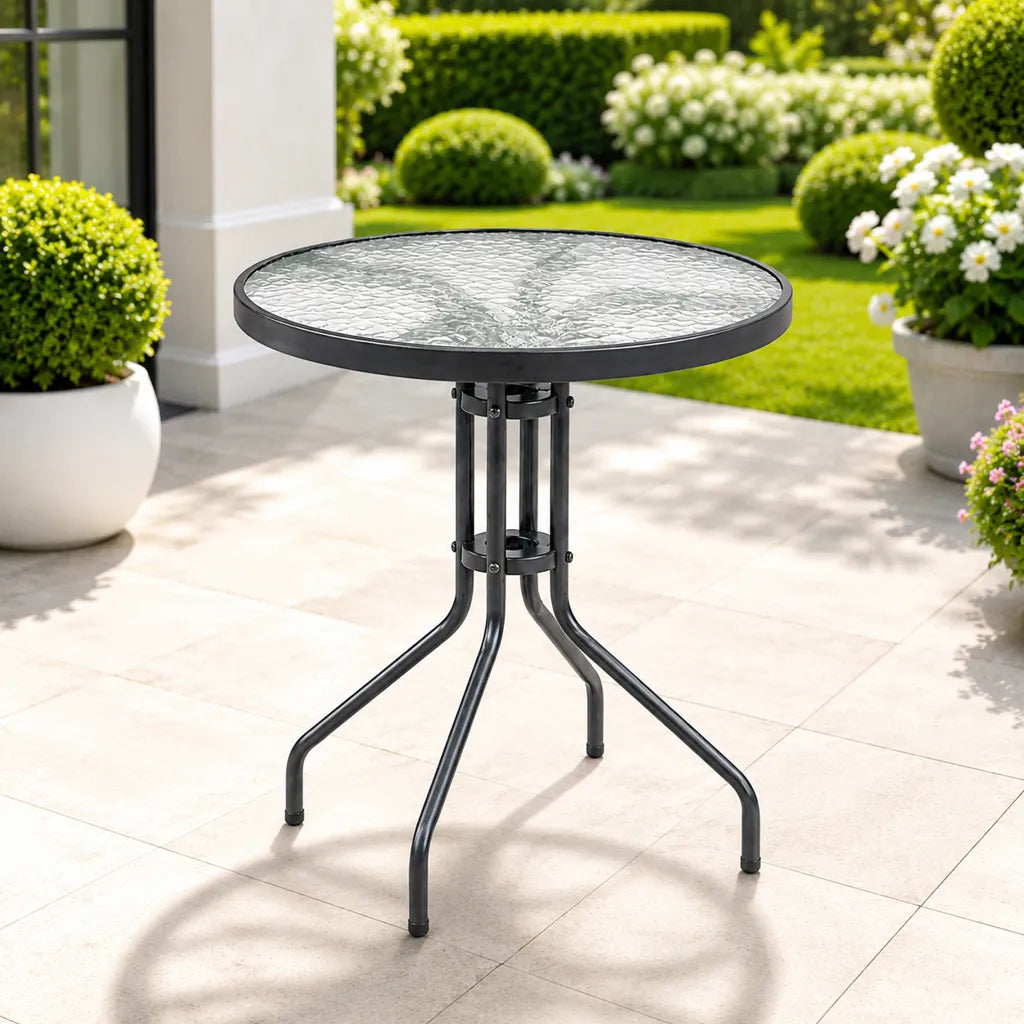 Masă Metalică de Grădină cu Blat din Sticlă 60x60x70 cm, Gri/Negru - MAXY