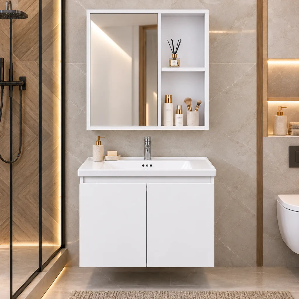 Mobilier de Baie Suspendat Cu Chiuvetă Si Oglindă, Culoare Alb