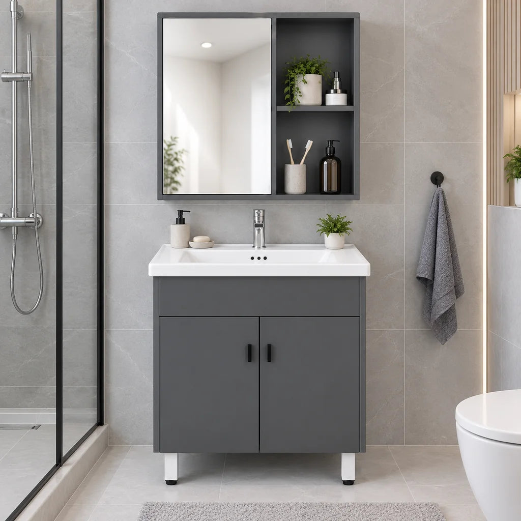 Mobilier de Baie cu Chiuvetă și Oglindă, Culoare Gri