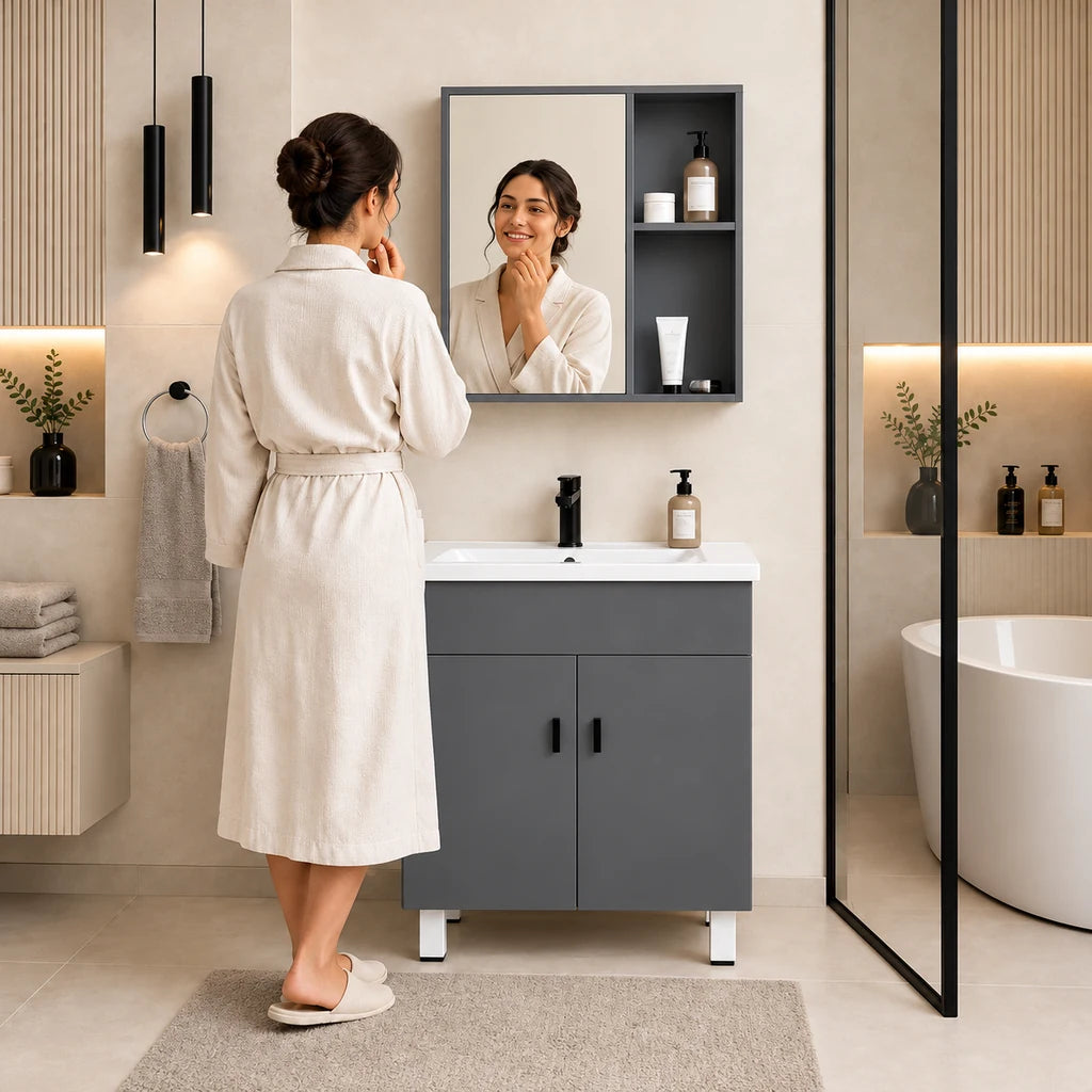 Mobilier de Baie cu Chiuvetă și Oglindă, Culoare Gri