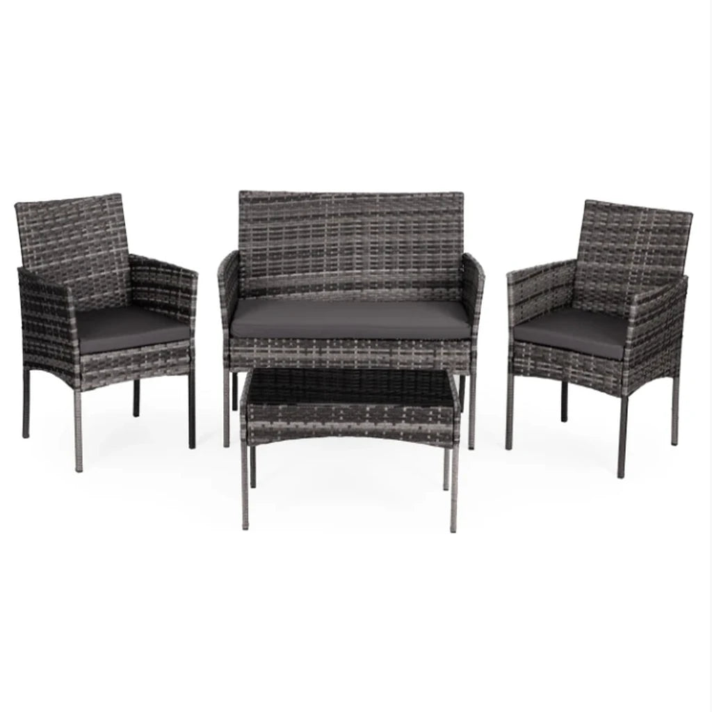 Set Mobilier de Grădină cu Masă, Canapea și 2 Fotolii, Maro Bej, Perne Gri