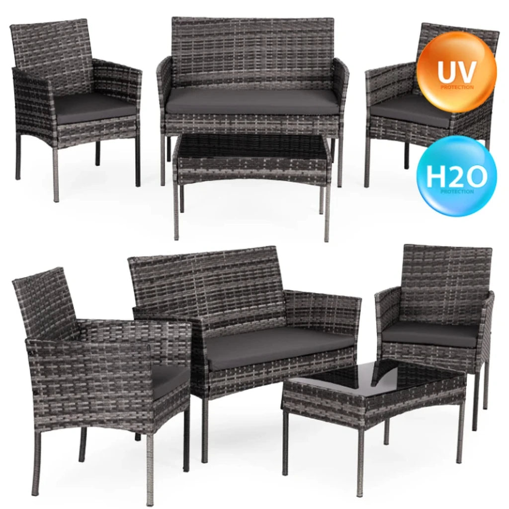 Set Mobilier de Grădină cu Masă, Canapea și 2 Fotolii, Maro Bej, Perne Gri
