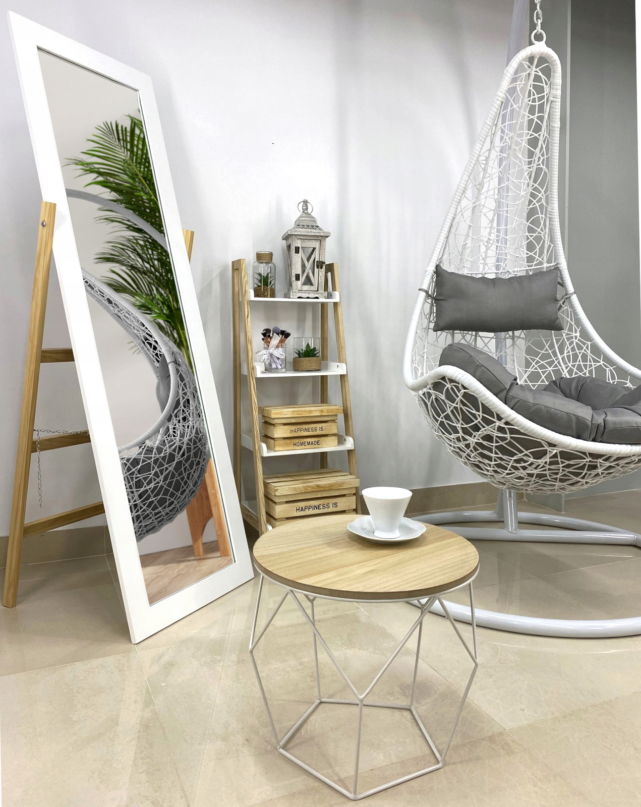 Oglindă de Podea cu Suport din Lemn, Alb cu Maro, 54x41x157cm - MAXY
