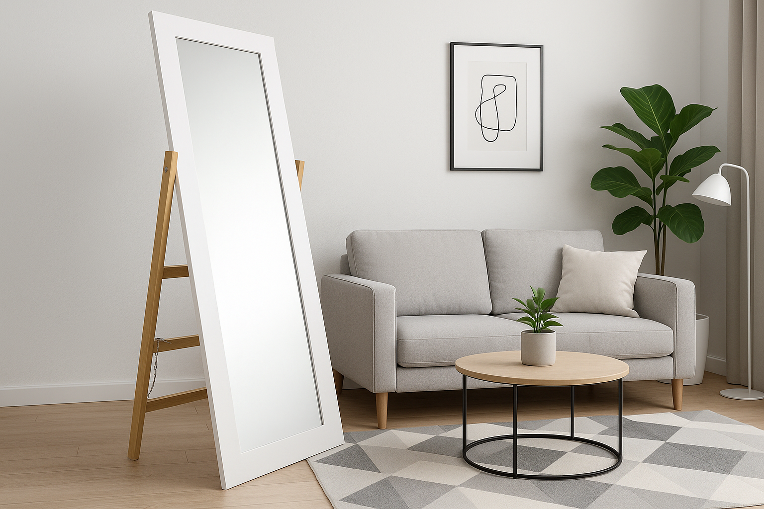 Oglindă de Podea cu Suport din Lemn, Alb cu Maro, 54x41x157cm - MAXY
