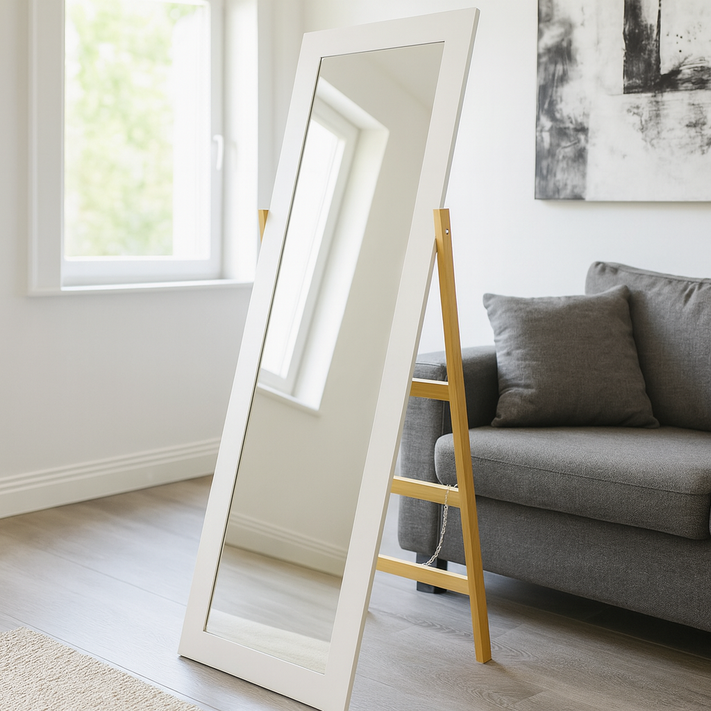 Oglindă de Podea cu Suport din Lemn, Alb cu Maro, 54x41x157cm - MAXY