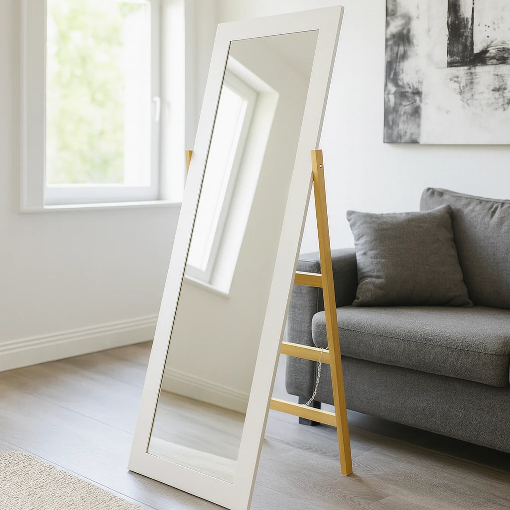 Oglindă de Podea cu Suport din Lemn, Alb cu Maro, 54x41x157cm - MAXY
