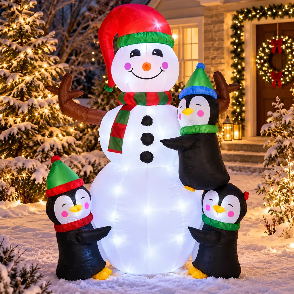 Om de Zăpadă Gonflabil cu Pinguini și LED, 190 cm - MAXY