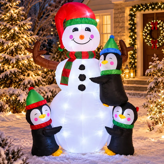 Om de Zăpadă Gonflabil cu Pinguini și LED, 190 cm - MAXY