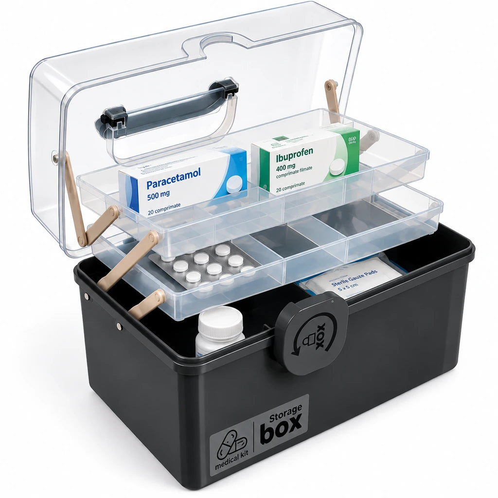 Organizator Pentru Medicamente, 32 x 22,5 x 19 cm, Compartimente Rabatabile, Capac Transparent, Gri
