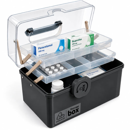 Organizator Pentru Medicamente, 32 x 22,5 x 19 cm, Compartimente Rabatabile, Capac Transparent, Gri - MAXY
