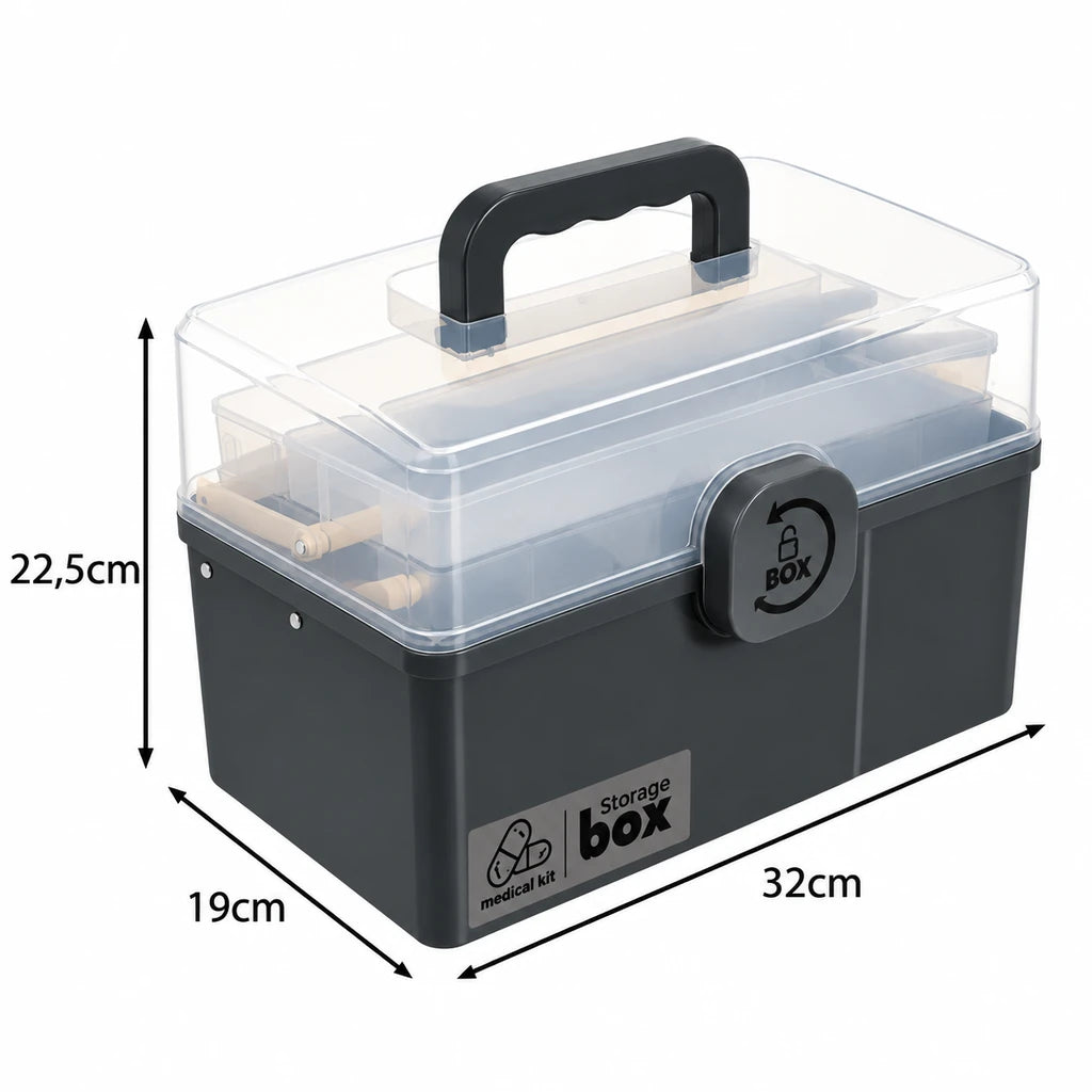 Organizator Pentru Medicamente, 32 x 22,5 x 19 cm, Compartimente Rabatabile, Capac Transparent, Gri